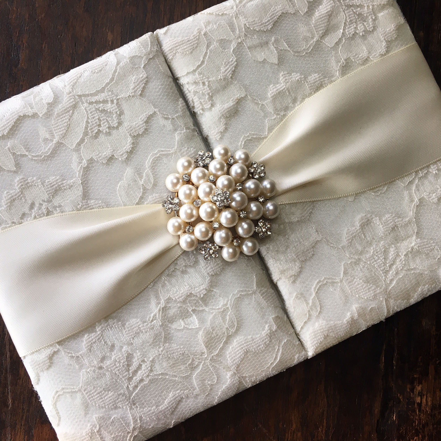 Handmade Ivory Pearl Brooch Embellished Lace Wedding Invitation Pocket Folder - Luxury Wedding
