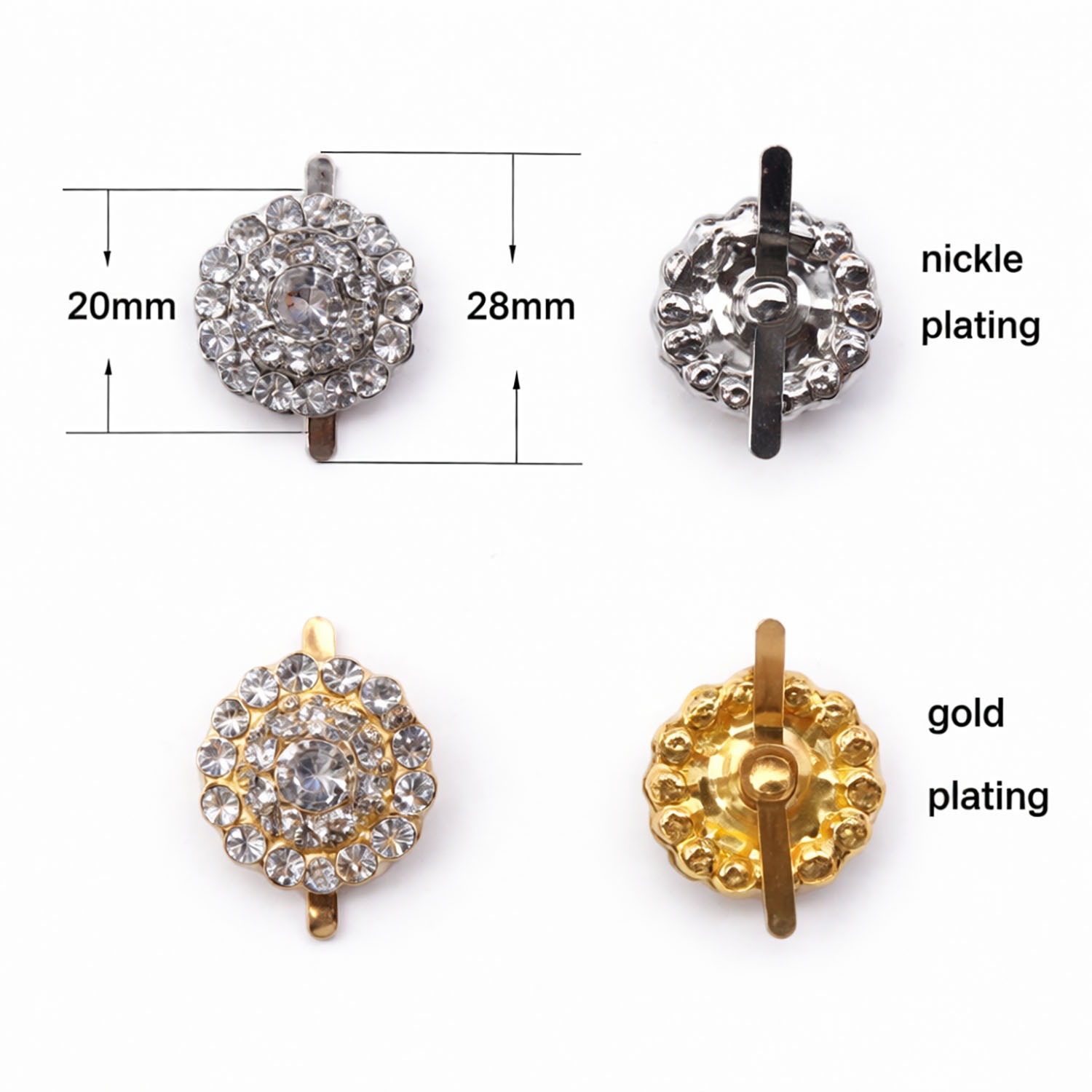 measurements of our silver and gold plated crystal button