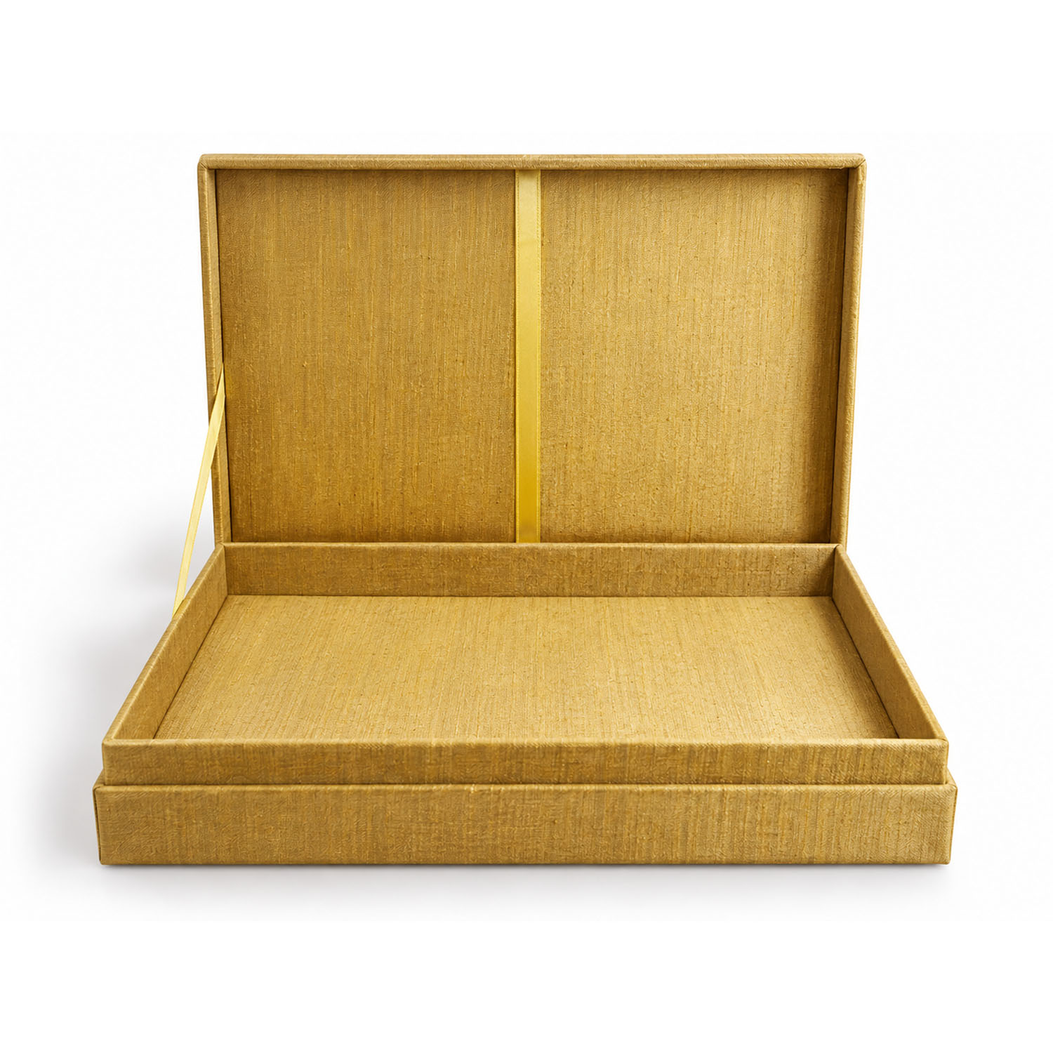 Hinged Lid Gold Silk Wedding Invitation Box with Rhinestone Brooch