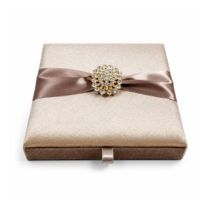 Embellished Velvet Invitation Box – Khaki Gold Luxury Wedding Box with Flower Brooch