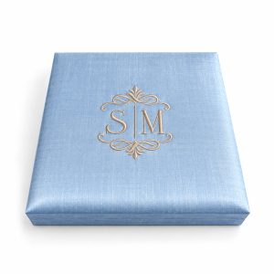Monogram Embroidered Light Blue Silk Invitation Box