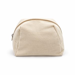 Natural cotton cosmetic bag with curved zipper closure, wheat-colored fabric and gusseted design