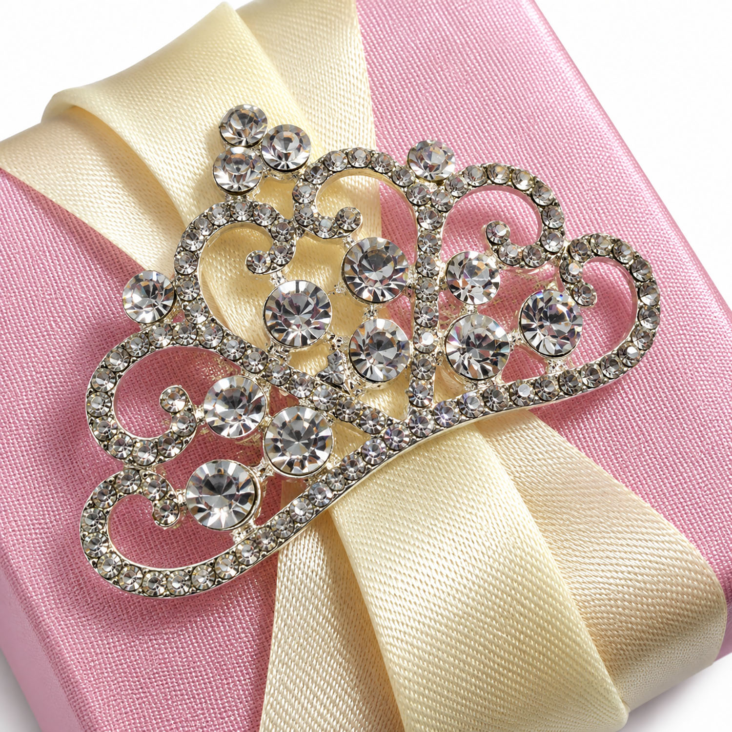 Rhinestone crown brooch on Pink Silk Wedding Favor Box