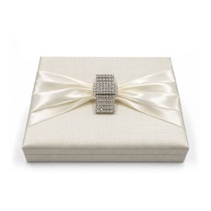 Unique Ivory Invitation Box with Rhinestone Brooch