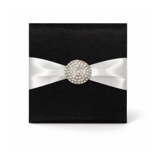 Black brooch embellished silk card holder for wedding and events