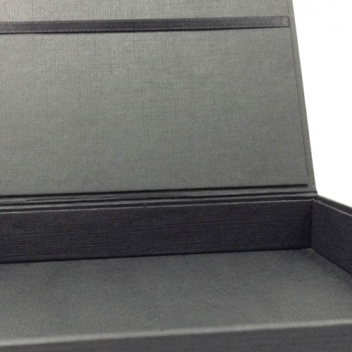 Detail view of a black invitation box