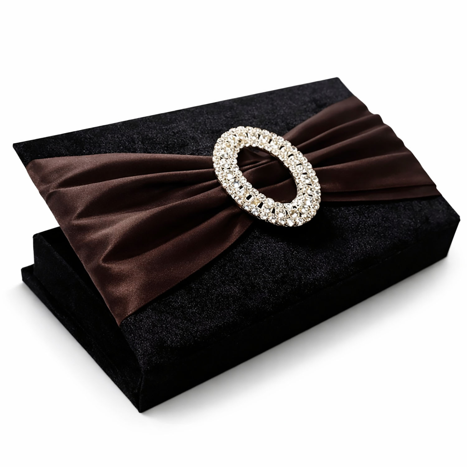 Black velvet invitation box with buckle and silk sash