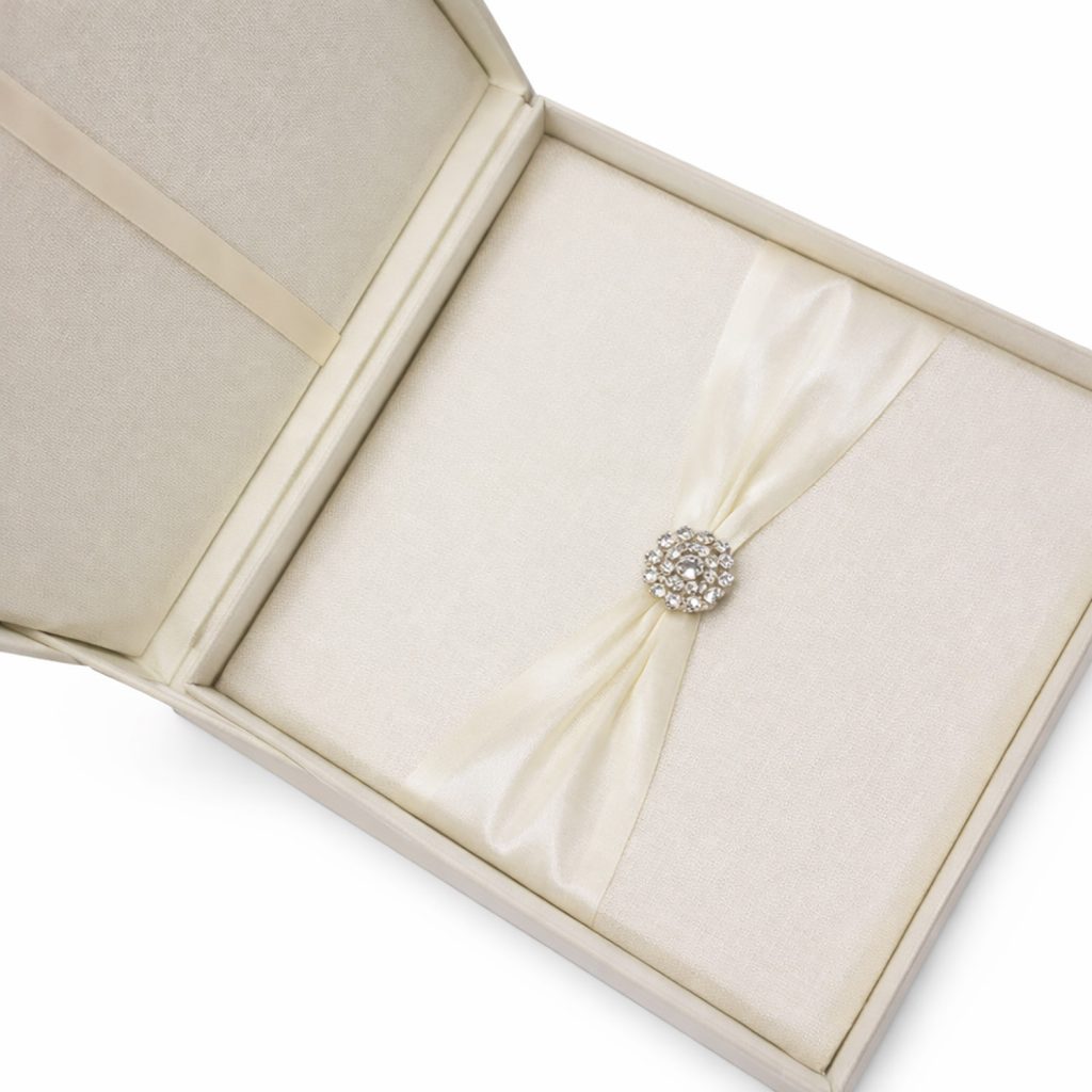 Ivory Silk Invitation Box with Crystal Brooch