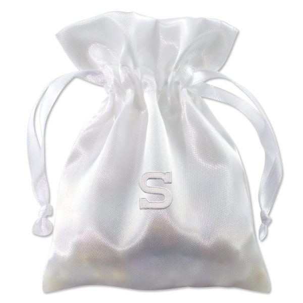 Embroidered white satin drawstring bag