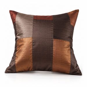 Contemporary geometric patchwork cushion cover in handwoven Thai raw silk with chocolate brown, copper, bronze and taupe panels