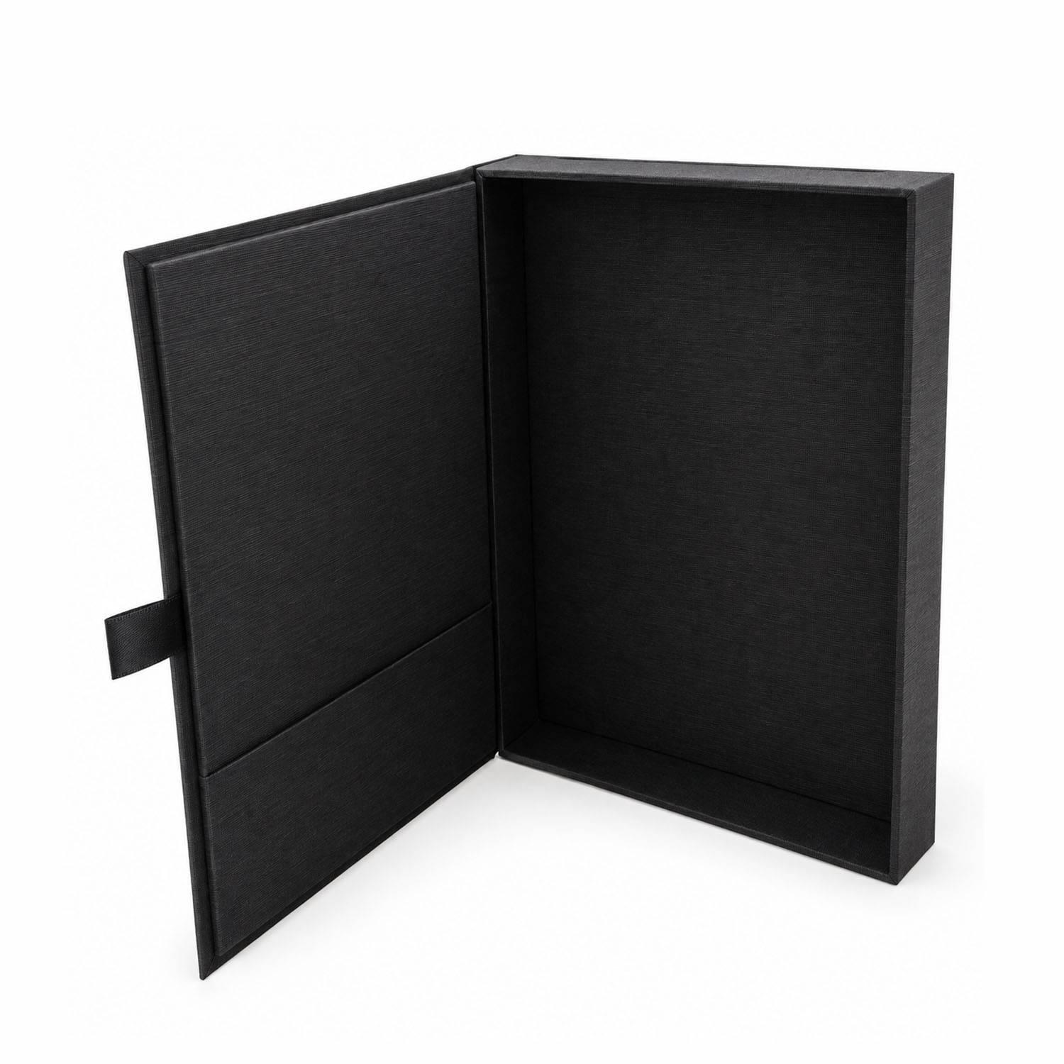 interior look of our luxury handmade black hinged lid invitation box