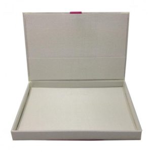 Opened silk invitation box, covered with ivory faux silk