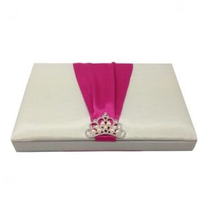 Pearl crown brooch embellished silk box for wedding invitation cards