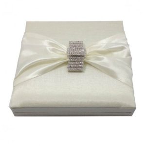 luxury ivory invitation box with rhinestone brooch