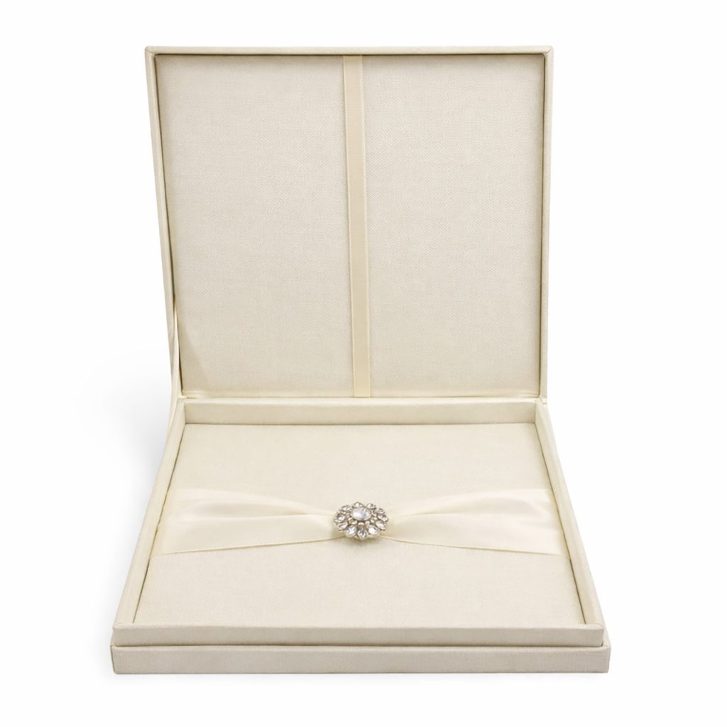 Ivory Silk Invitation Box with Crystal Brooch