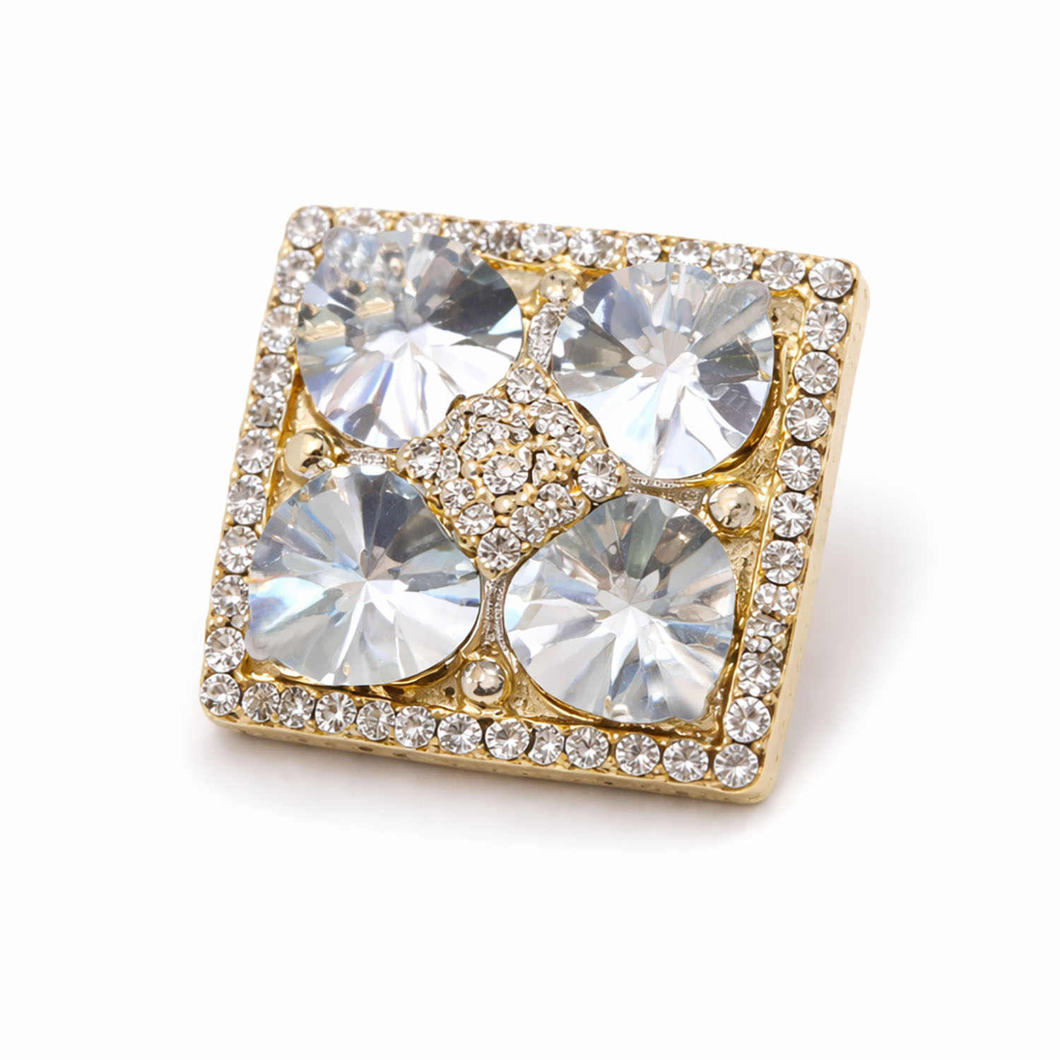 Square shaped golden wedding brooch with heart shaped crystals