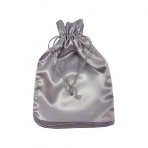 Large silver satin drawstring bag