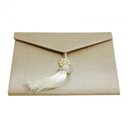 Light gold silk envelope, embellished with large ivory tassel and gold plated pearl brooch