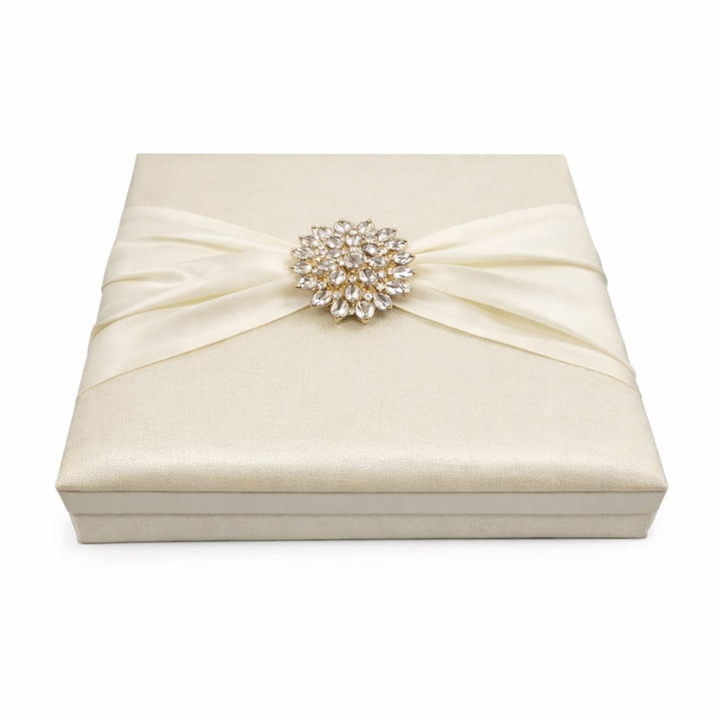Ivory Silk Invitation Box with Crystal Brooch