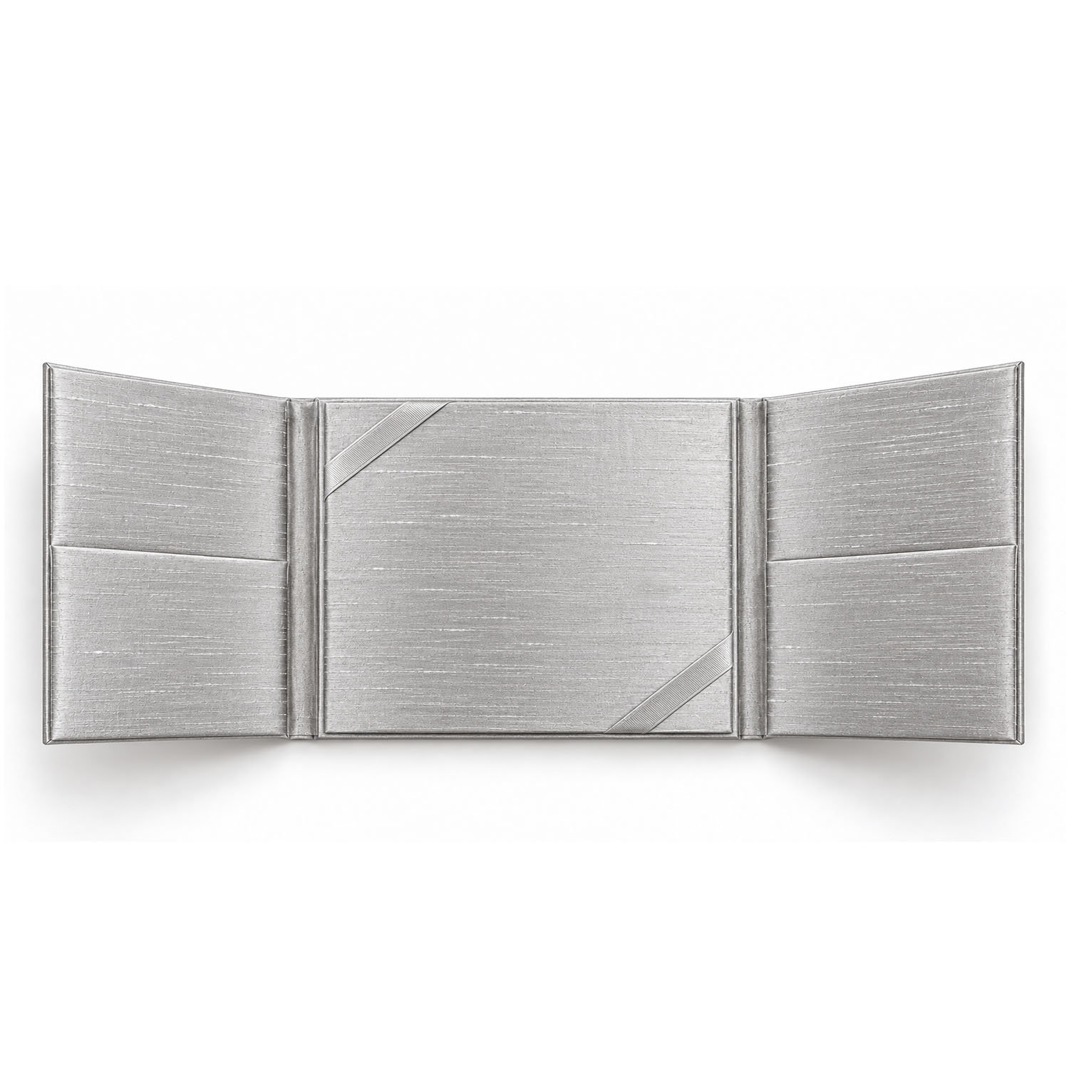 Opened silver Thai silk wedding invitation folio featuring double-door gatefold design, interior ribbon holders and pocket for invitation cards.