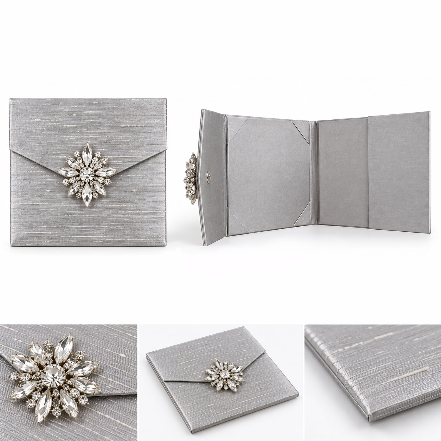Open silver Thai raw silk wedding invitation folder with tri-fold interior, card holders, and stationery pocket.