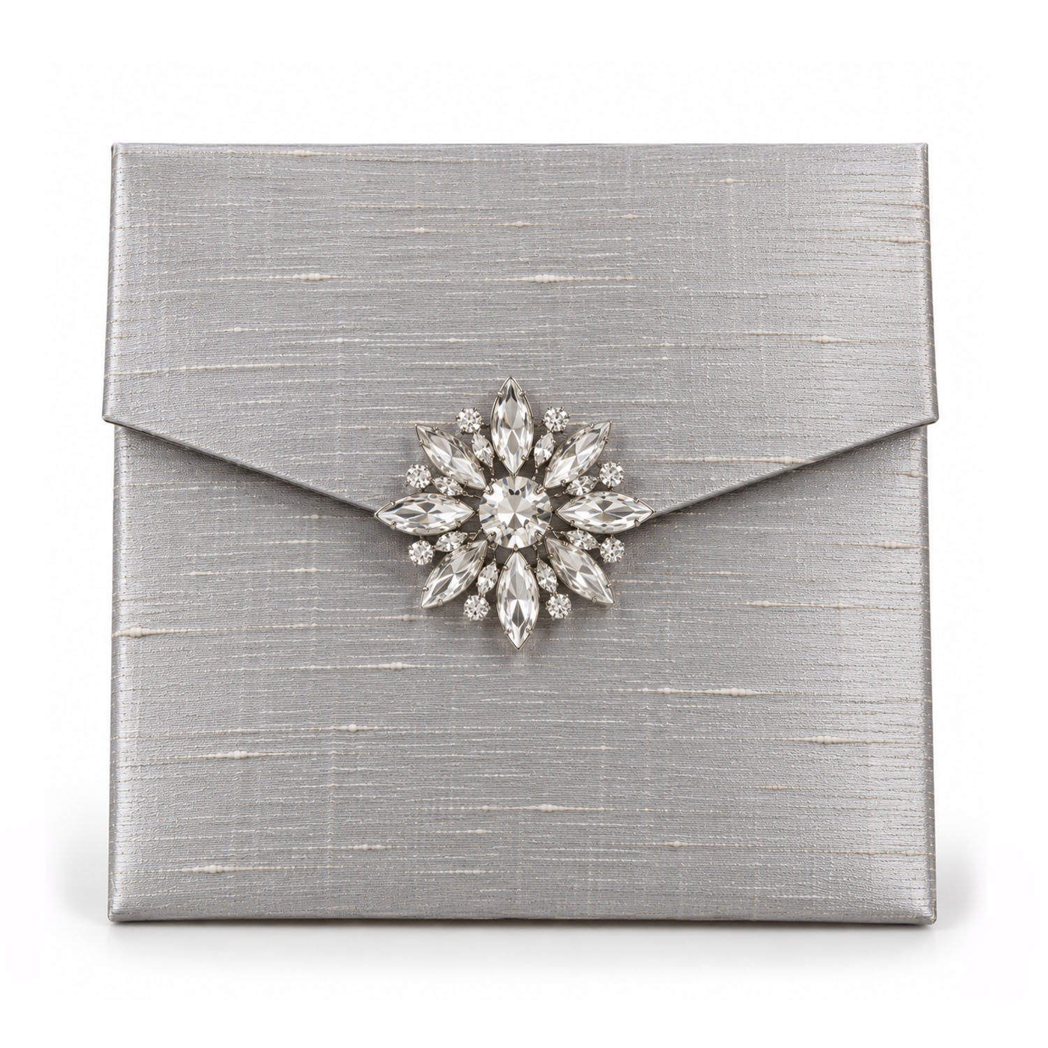 Luxury silver Thai Dupioni silk wedding invitation envelope with rhinestone crystal brooch and magnetic closure.