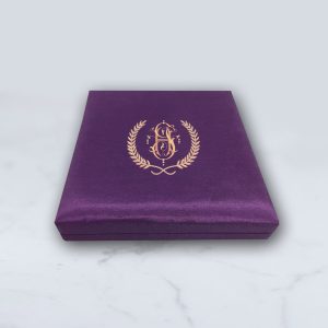 Monogram embroidered purple silk invitation box