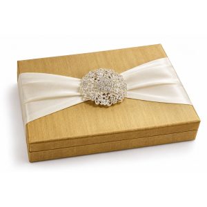 rhinestone brooch embellished golden silk wedding box for cards