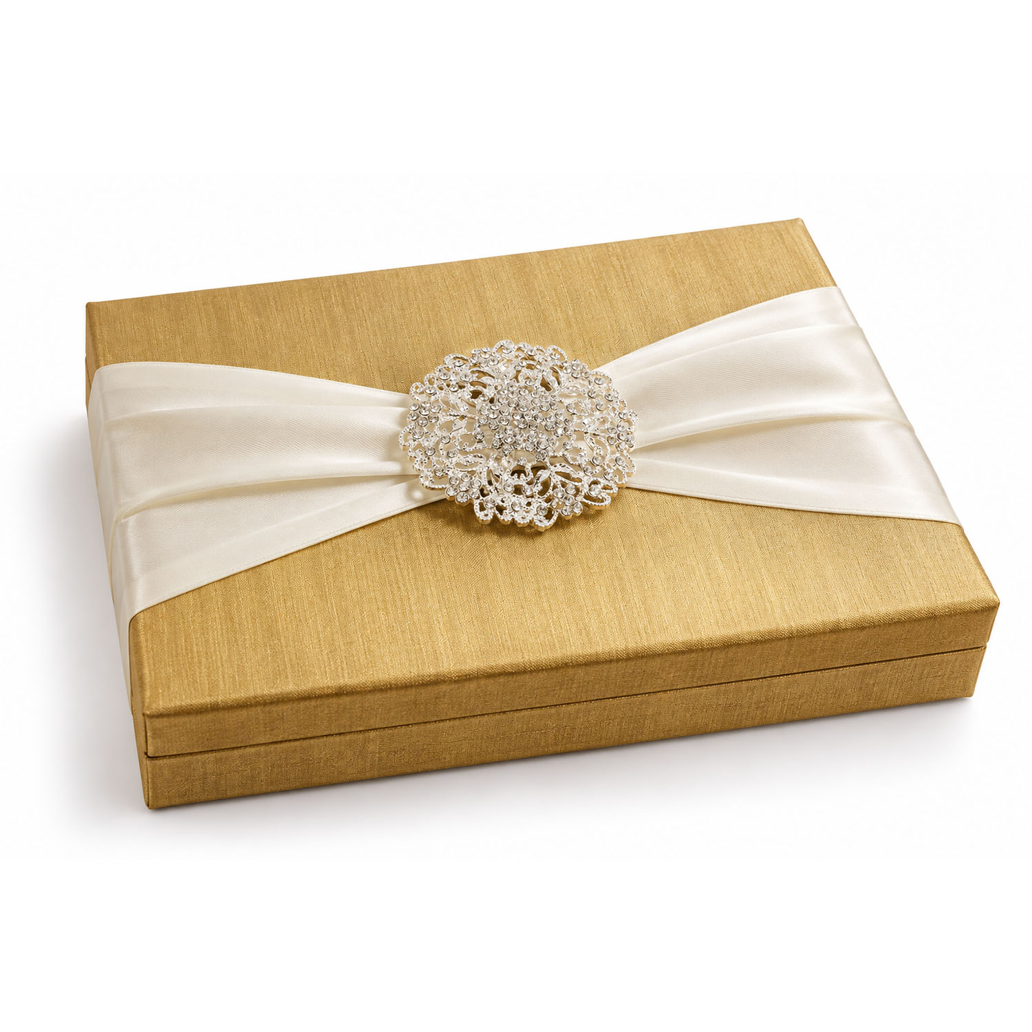 rhinestone brooch embellished golden silk wedding box for cards