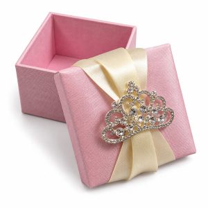 silk wedding favor box pink with crown brooch