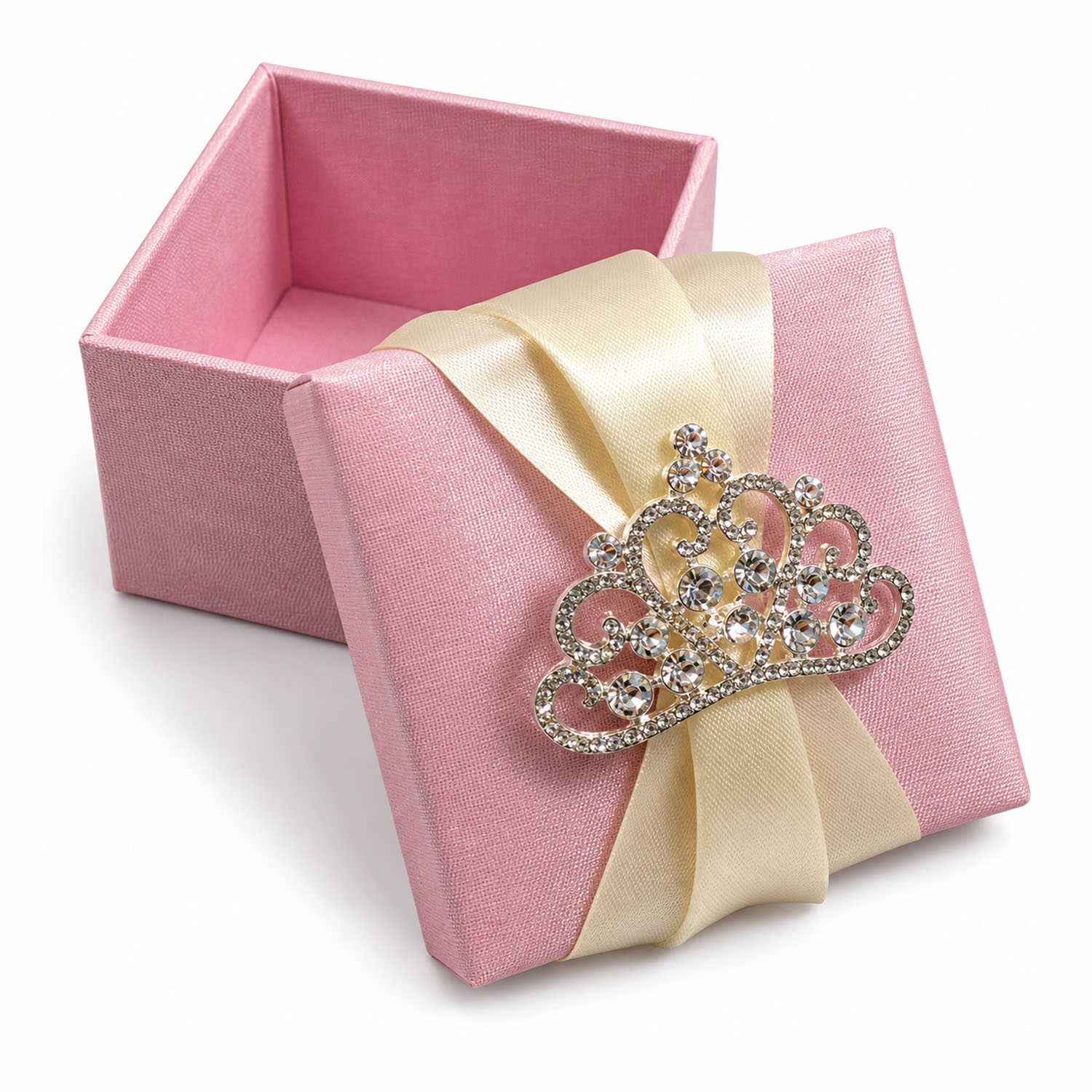 silk wedding favor box pink with crown brooch