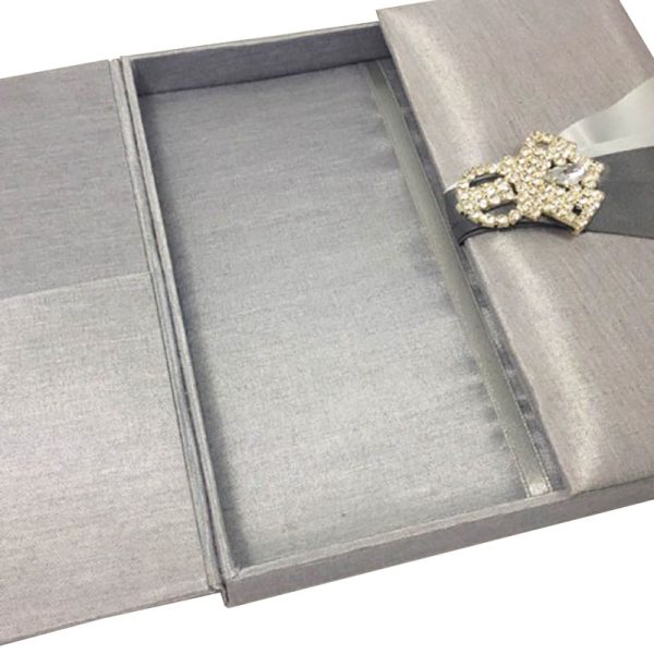 silver gatefold wedding invitation box with brooch
