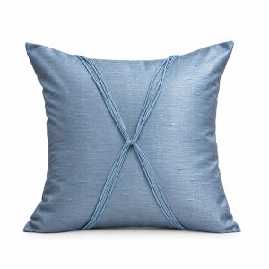 Dusty blue Thai raw silk cushion cover with satin cord decoration and natural handwoven silk texture.