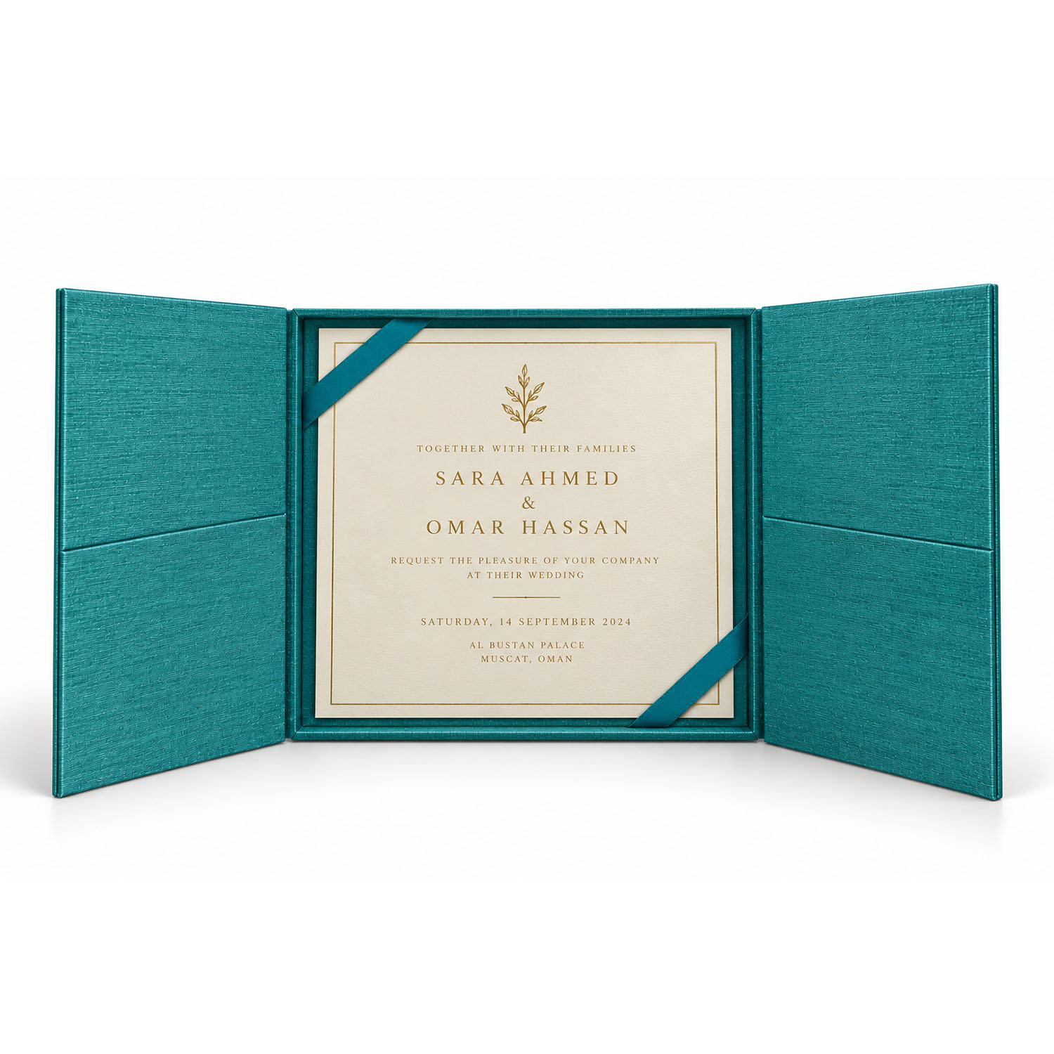 turquoise silk gatefold invitation box