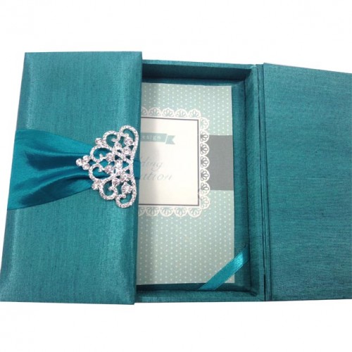 One door open view of silk invitation box