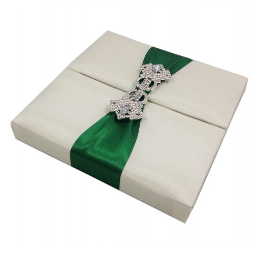 Green and ivory silk invitation boxes