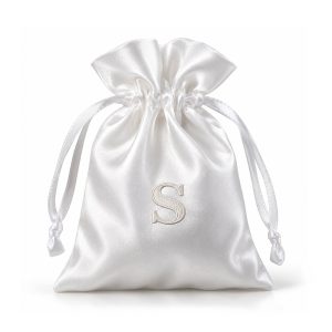 White embroidered satin jewelry drawstring bag
