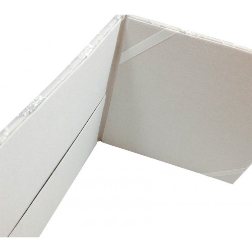 Interior of white lace folder featuring silk