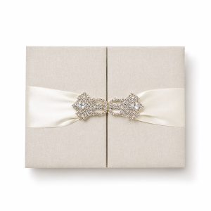 Ivory Dupioni Silk Gate Fold Wedding Invitation Folio With Silver Rhinestone Clasp