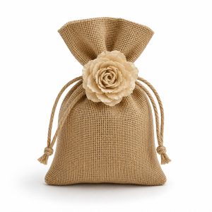 jute gift drawstring bag with mulberry paper flower