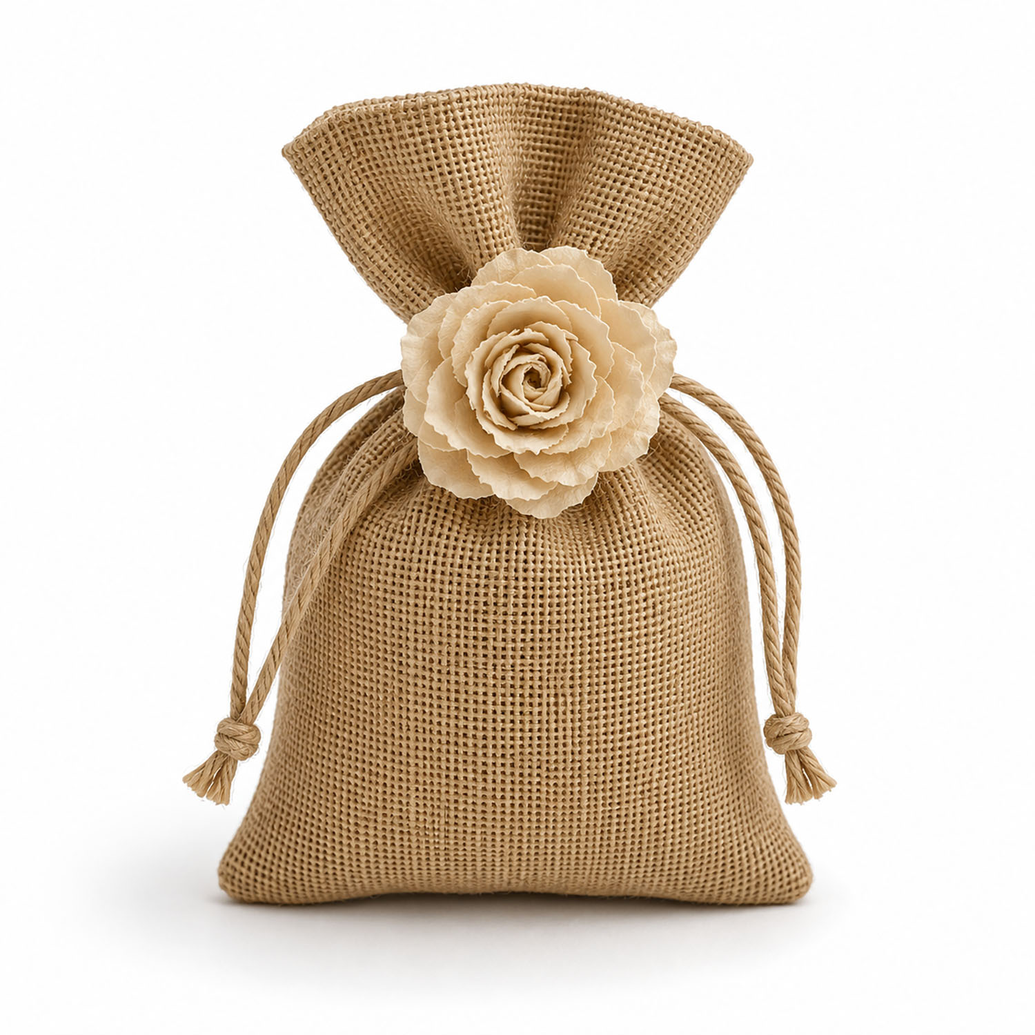 jute gift drawstring bag with mulberry paper flower