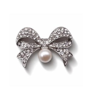 Pearl Bow Brooch with Clear Rhinestones – Silver, Gold & Bronze