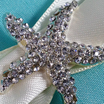 Starfish Brooch Beach Invitation Folder With Silver Sash & Aqua Color Silk