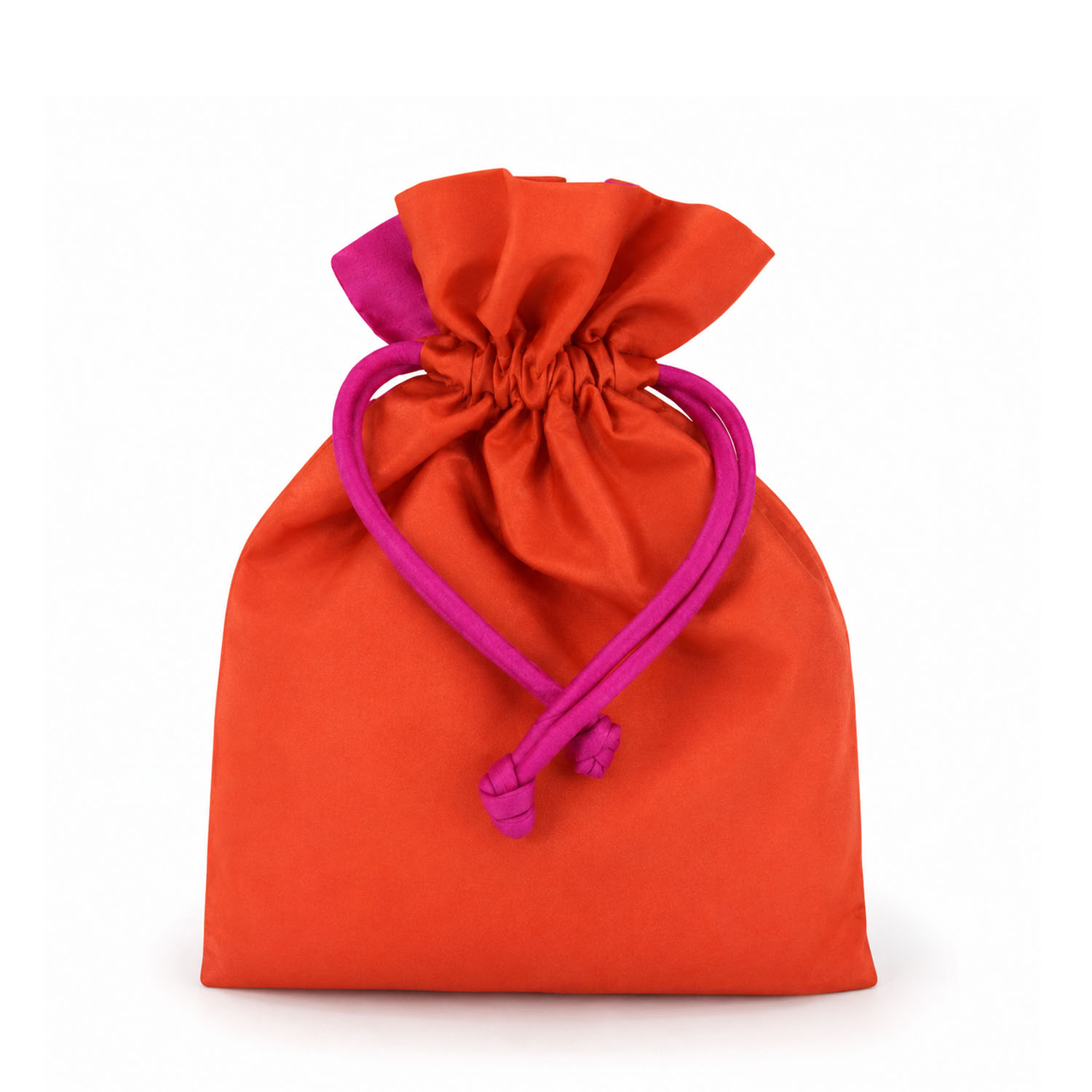 Orange Thai silk drawstring bag with fuchsia accents