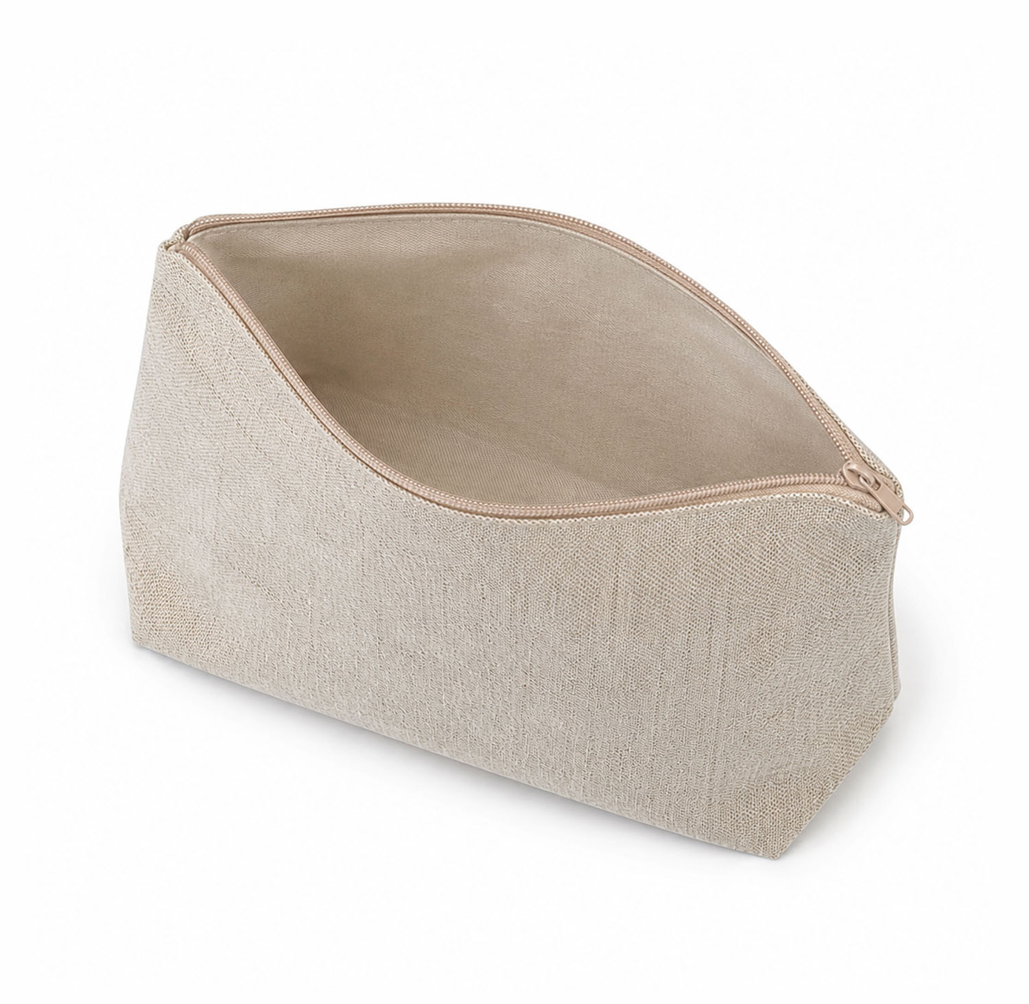 open linen cosmetic bag top view