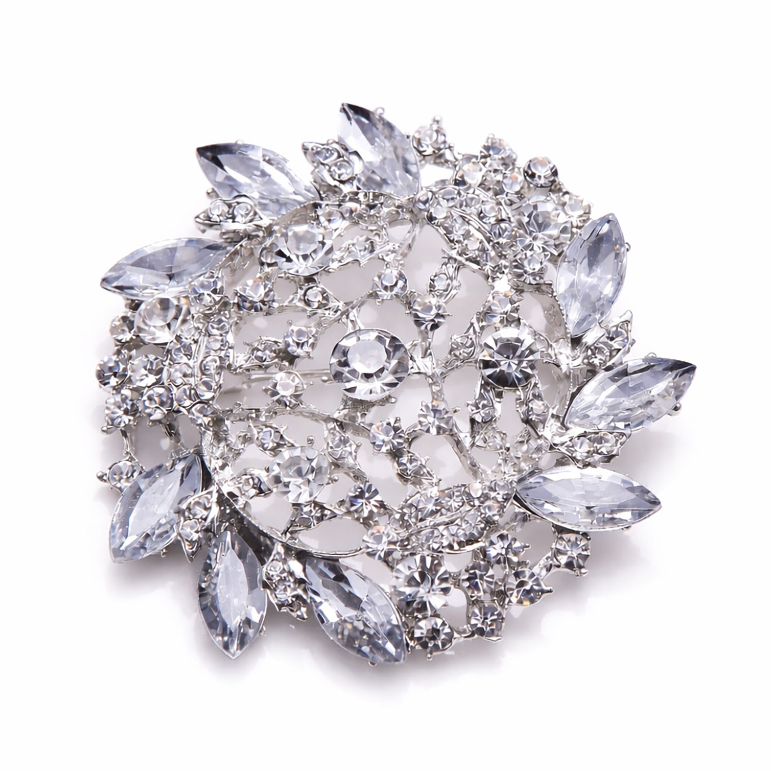 Silver Floral Crystal Brooch 62mm