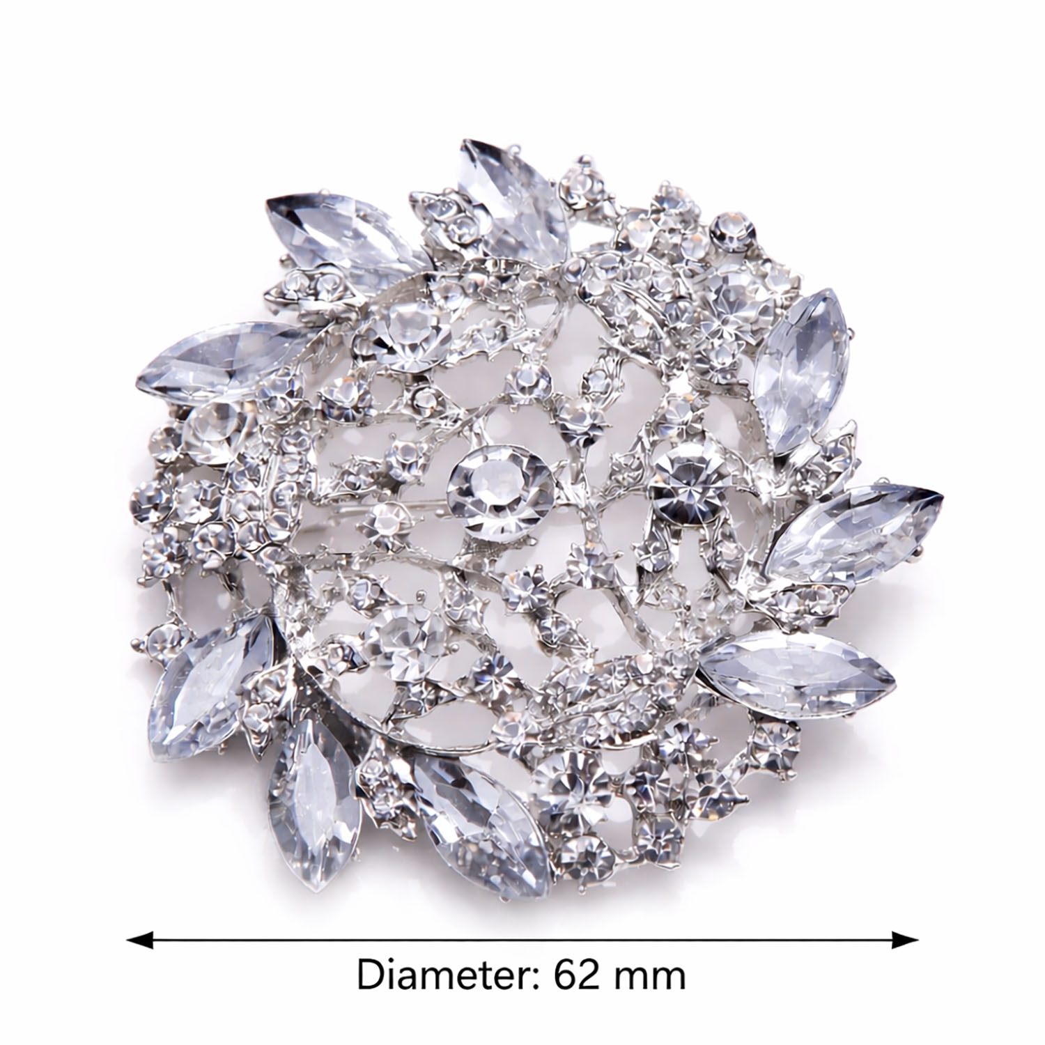Measurements Of Our Silver Floral Crystal Brooch 62mm