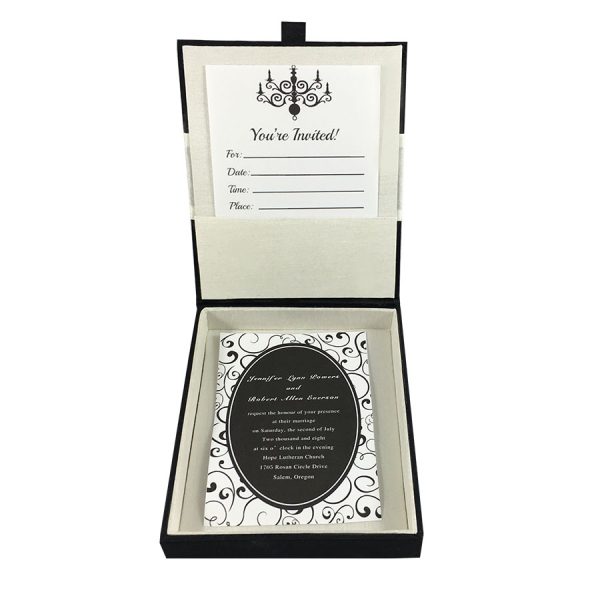 Ivory and black invitation box with hinged lid and pocket