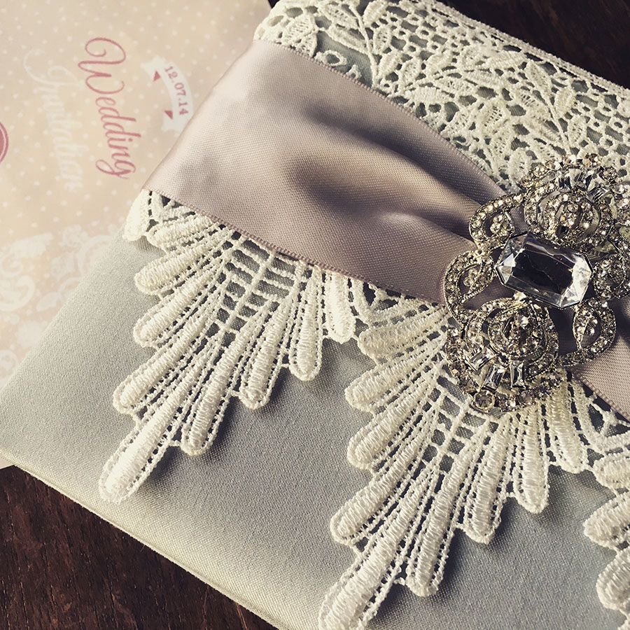 Handmade Ivory Pearl Brooch Embellished Lace Wedding Invitation