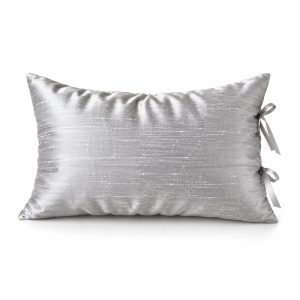 Silver Thai silk pillow cover made from handwoven 4-ply raw silk with decorative ribbon ties